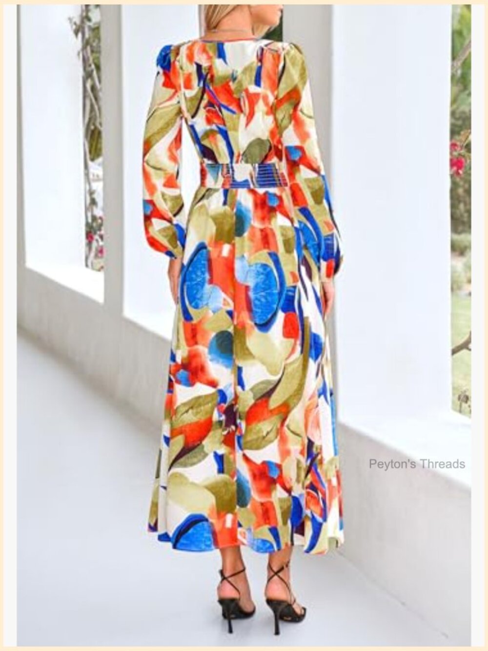 Women's Floral Midi Dress V Neck Long Sleeve Flowy A-Line - Picture 2 of 7